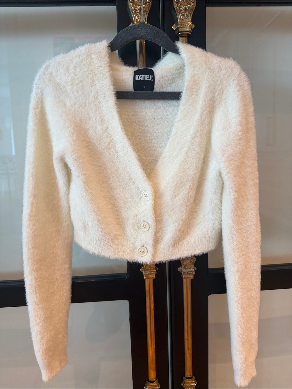 Katie J NYC Cream Fuzzy Button-Front Cropped Cardigan